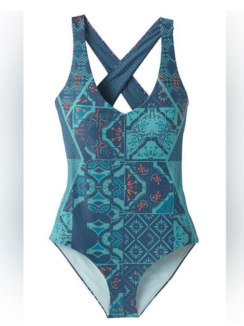 Prana Ella Lagos Lisbon Teal Patterned One-Piece Swimsuit w Crossback sz Large